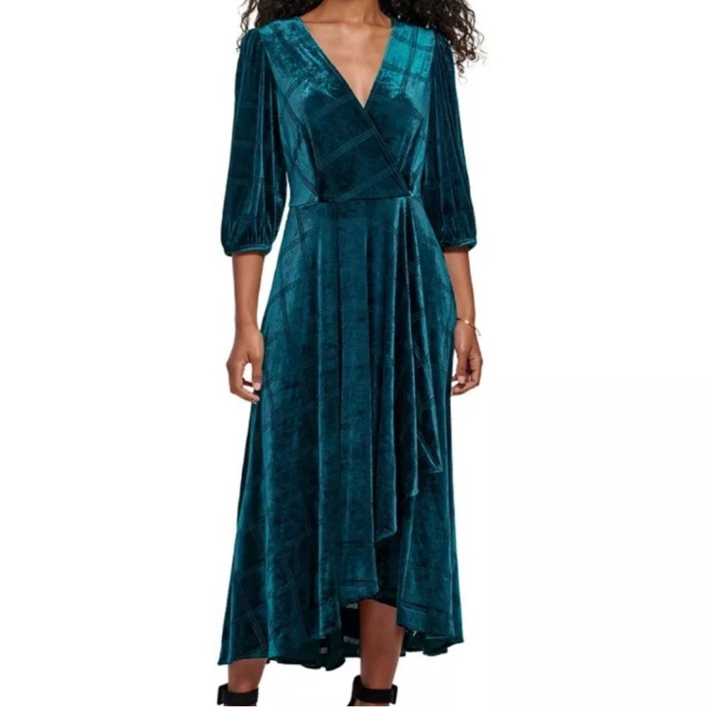Calvin Klein Emerald Velvet Faux Wrap Midi Dress